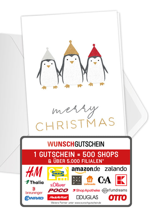 Wunschgutschein Merry Christmas - Pinguine – Geschenkgutschein Ansicht 1