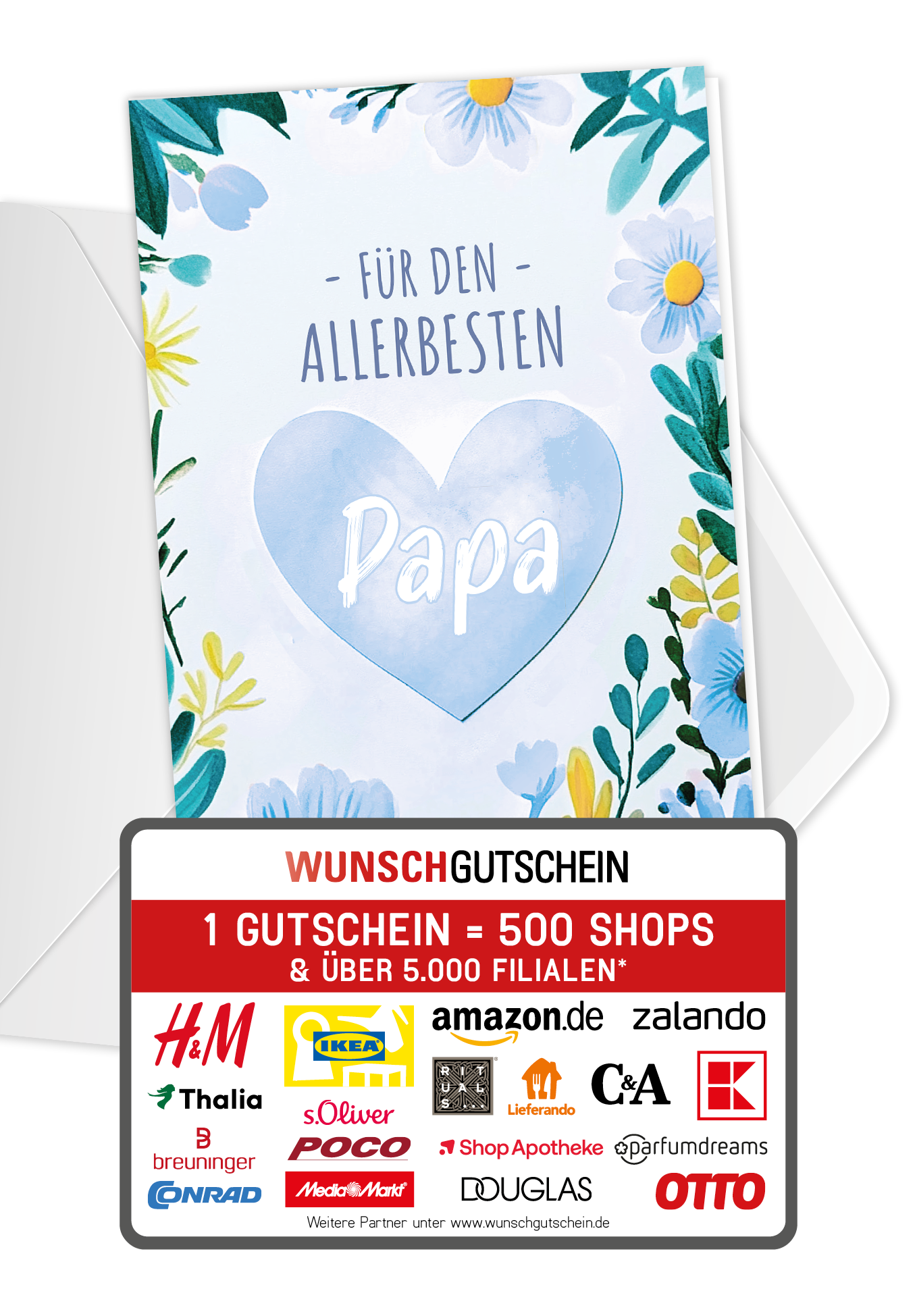 Wunschgutschein Für den allerbesten Papa - Herz Blumen – Geschenkgutschein Ansicht 1