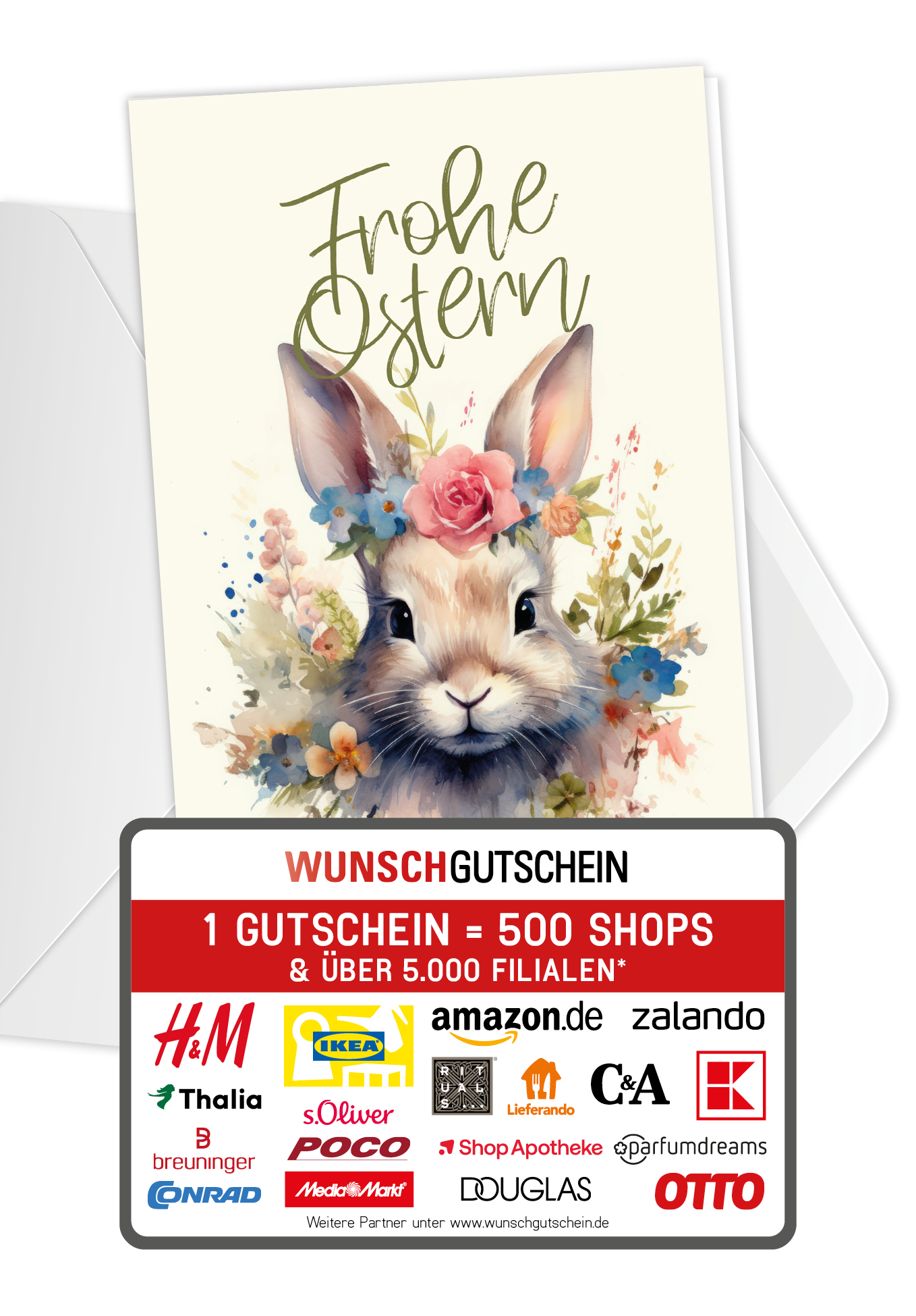 Wunschgutschein Frohe Ostern - Hase Blumen – Geschenkgutschein Ansicht 1