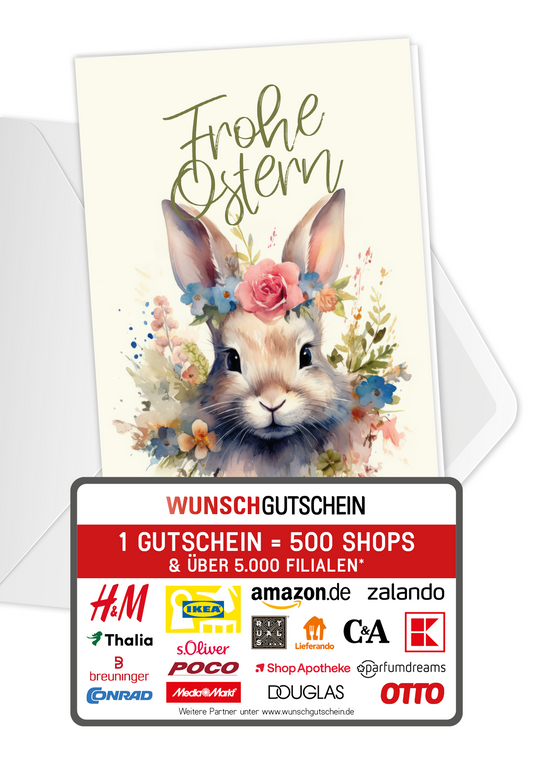 Wunschgutschein Frohe Ostern - Hase Blumen – Geschenkgutschein Ansicht 1