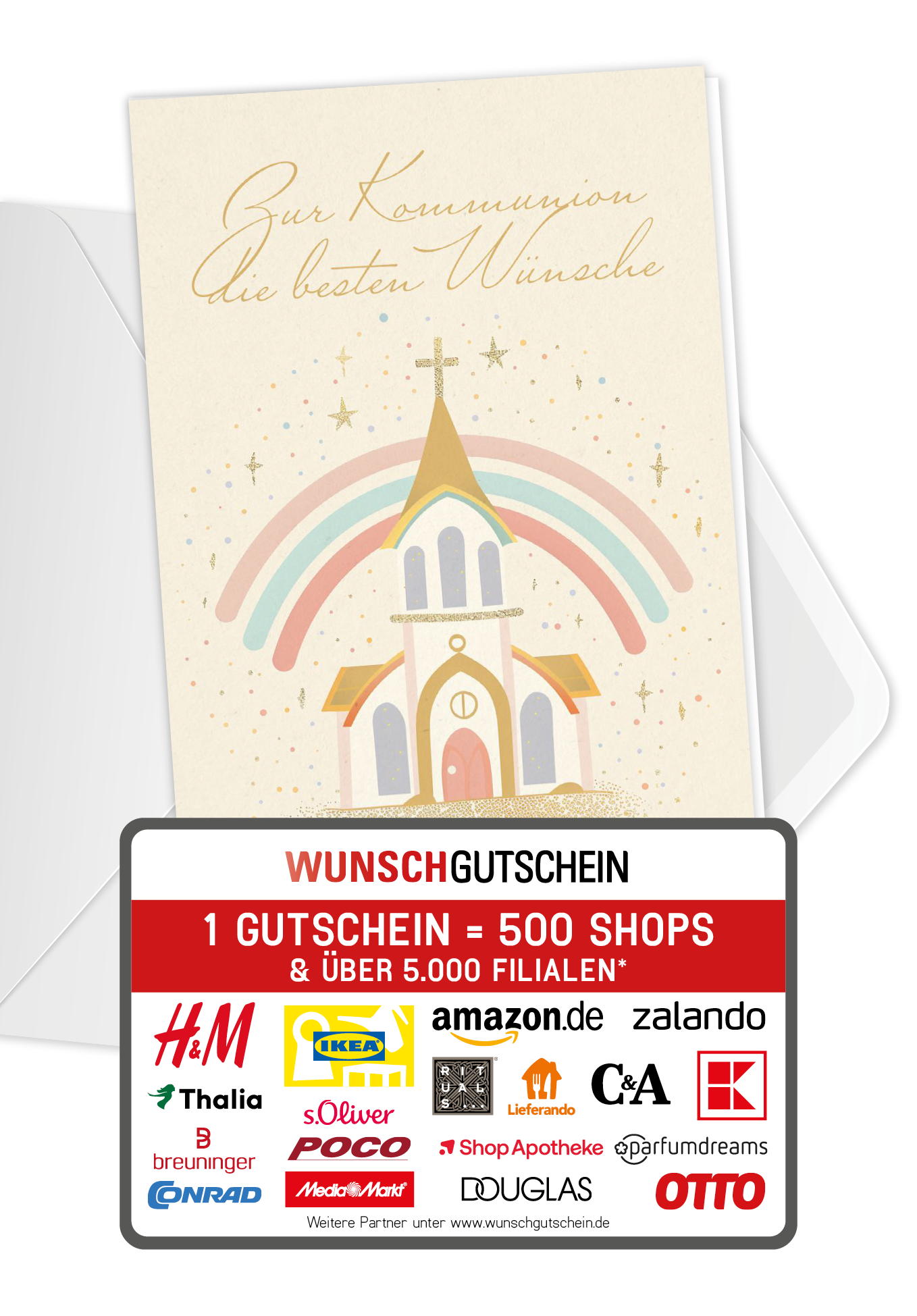 Wunschgutschein Zur Kommunion - Kirche Regenbogen PDF – Geschenkgutschein Ansicht 1