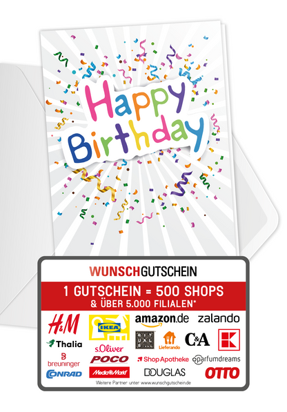 Wunschgutschein Happy Birthday - Konfetti PDF – Geschenkgutschein Ansicht 1