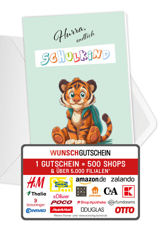 Wunschgutschein Hurra Schulkind - Tiger – Geschenkgutschein Ansicht 1