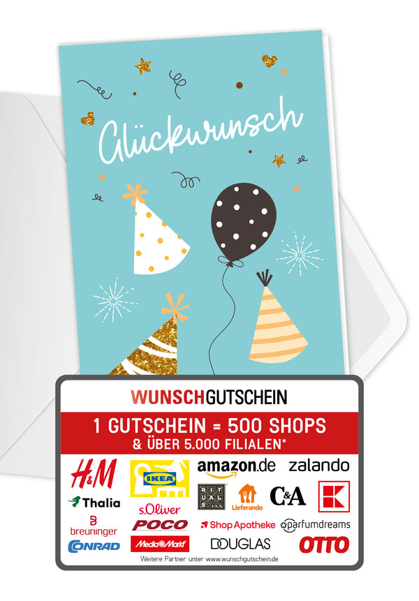 Wunschgutschein Glückwunsch - Ballons und Hüte Blau PDF – Geschenkgutschein Ansicht 1
