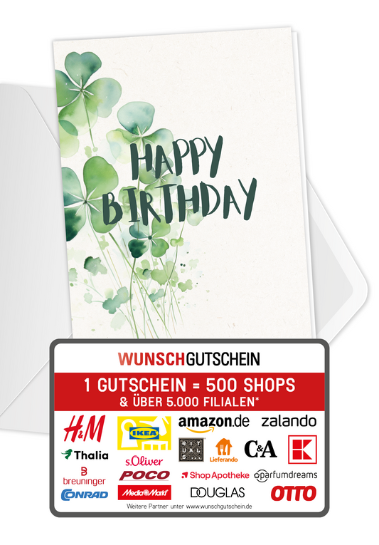 Wunschgutschein Happy Birthday - Kleeblatt PDF – Geschenkgutschein Ansicht 1