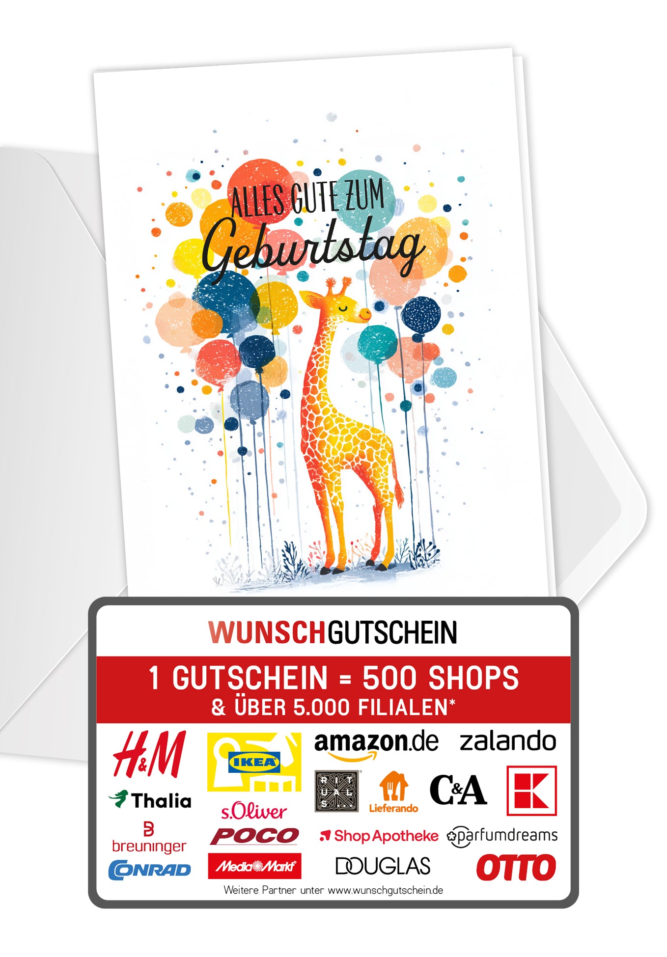 Wunschgutschein Alles Gute zum Geburtstag - Giraffe und Ballons – Geschenkgutschein Ansicht 1