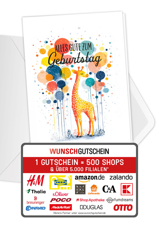 Wunschgutschein Alles Gute zum Geburtstag - Giraffe und Ballons – Geschenkgutschein Ansicht 1