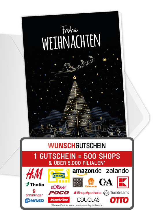 Wunschgutschein Frohe Weihnachten - Stadt Tannenbaum – Geschenkgutschein Ansicht 1