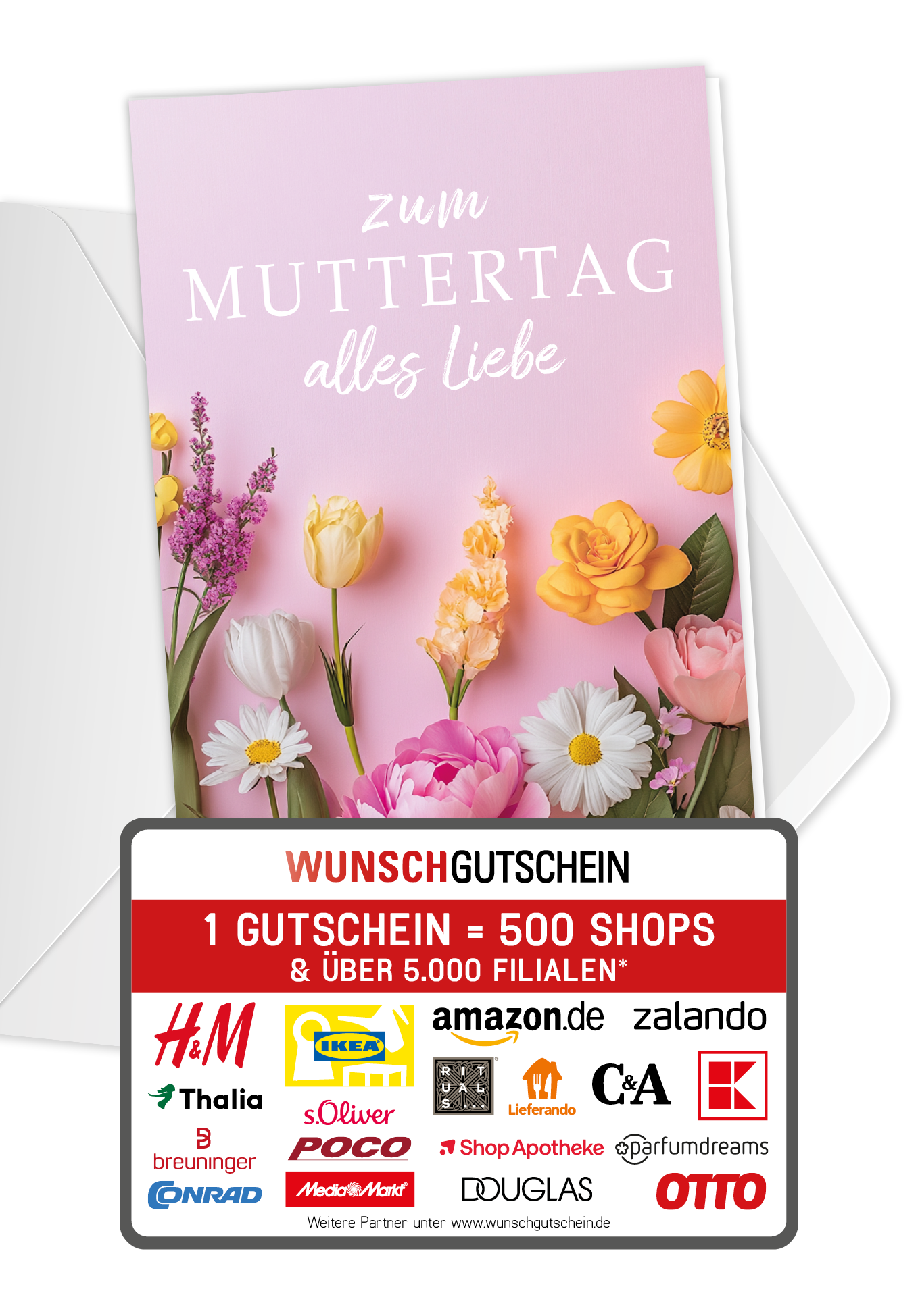 Wunschgutschein Zum Muttertag alles Liebe - Blumen Rosa – Geschenkgutschein Ansicht 1
