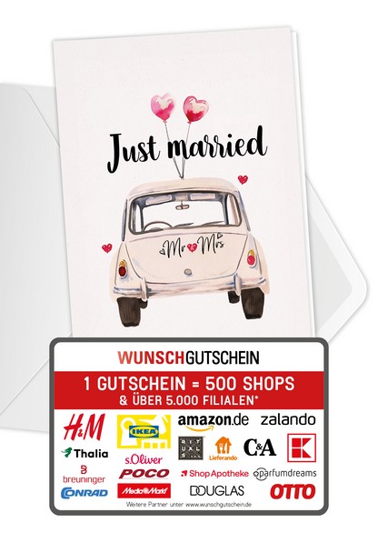 Wunschgutschein Just Married - Auto Weiß PDF – Geschenkgutschein Ansicht 1