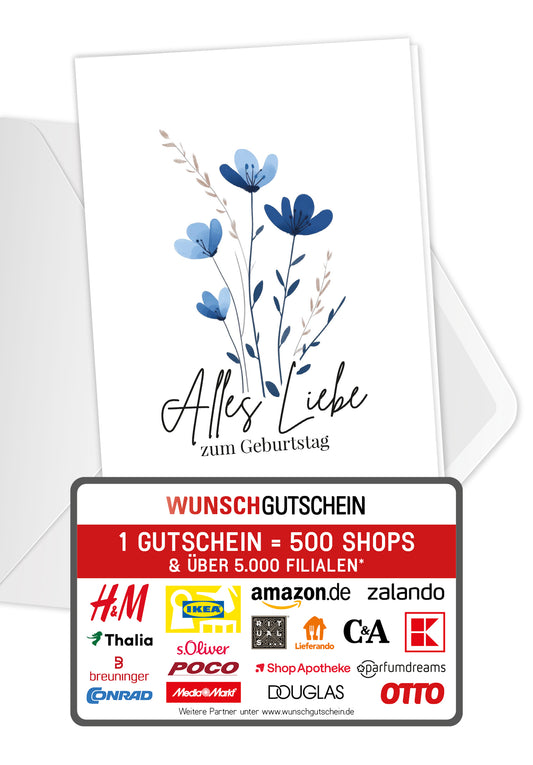 Wunschgutschein Alles Liebe zum Geburtstag - Blumen Blau – Geschenkgutschein Ansicht 1