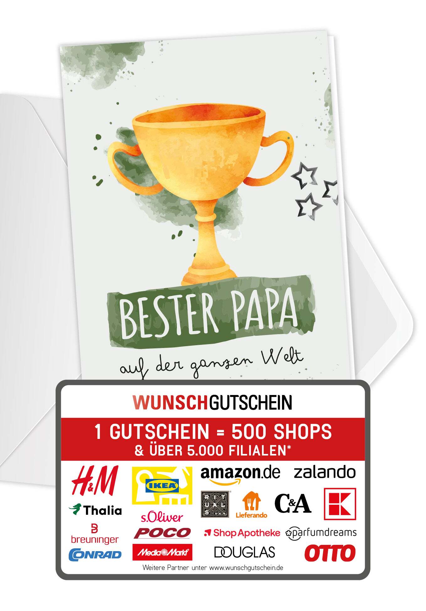 Wunschgutschein Bester Papa auf der ganzen Welt - Pokal Wasserfarbe Grün PDF – Geschenkgutschein Ansicht 1