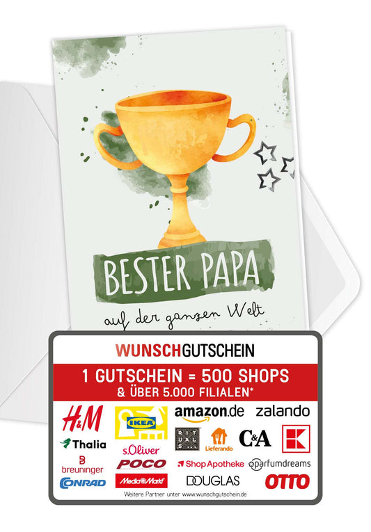 Wunschgutschein Bester Papa auf der ganzen Welt - Pokal Wasserfarbe Grün PDF – Geschenkgutschein Ansicht 1