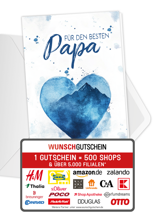 Wunschgutschein Für den besten Papa - Aquarellherz blau PDF – Geschenkgutschein Ansicht 1
