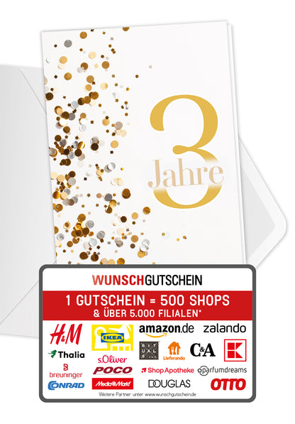 Wunschgutschein 3 Jahre - Konfetti Gold – Geschenkgutschein Ansicht 1