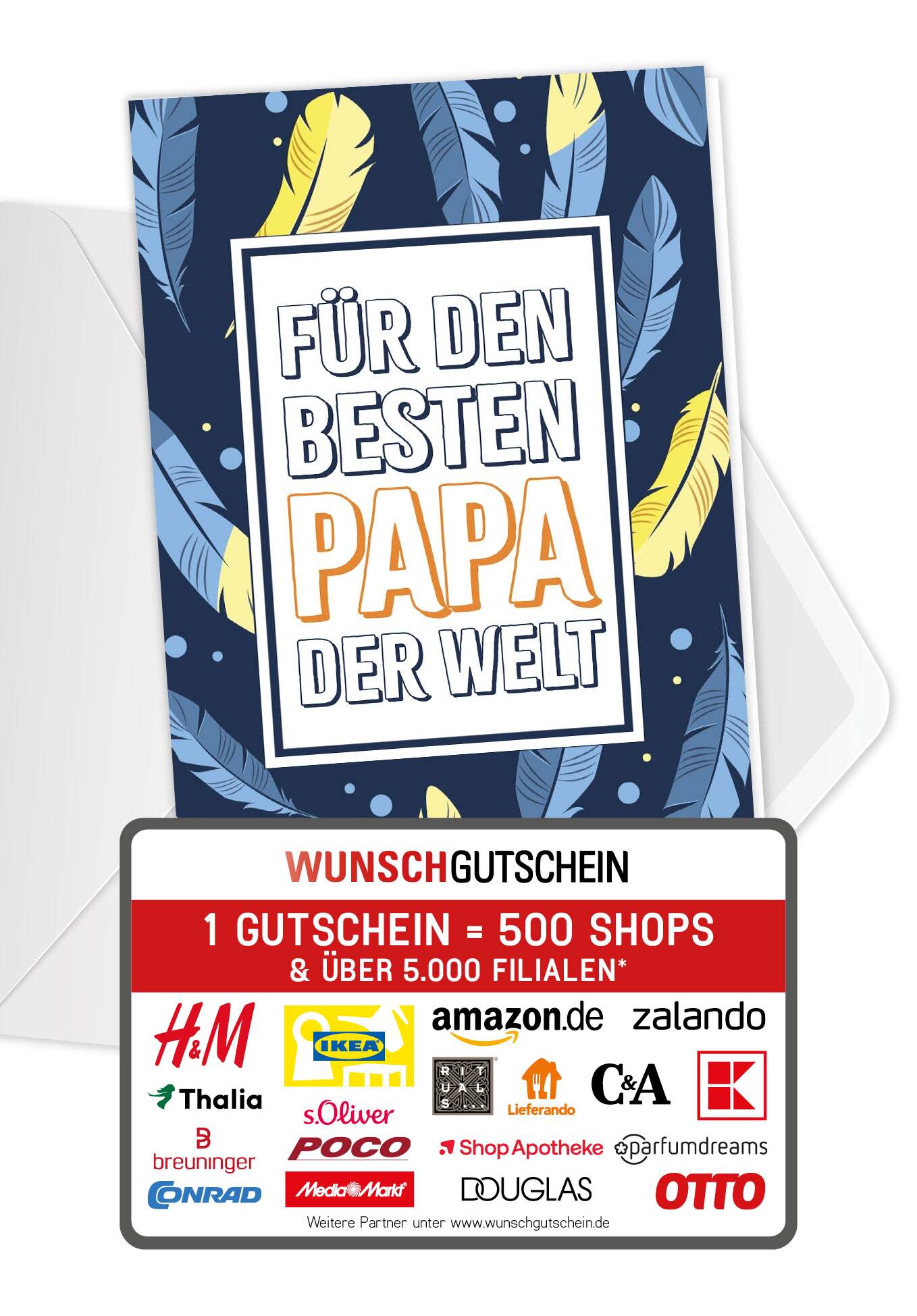 Wunschgutschein Für den besten Papa der Welt - Federn Blau Gelb – Geschenkgutschein Ansicht 1