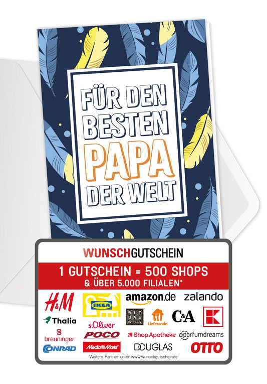Wunschgutschein Für den besten Papa der Welt - Federn Blau Gelb – Geschenkgutschein Ansicht 1
