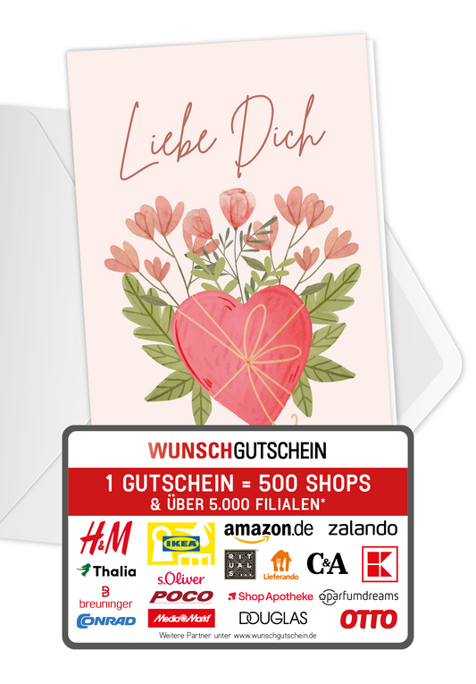 Wunschgutschein Liebe Dich - Herz mit Blumen – Geschenkgutschein Ansicht 1