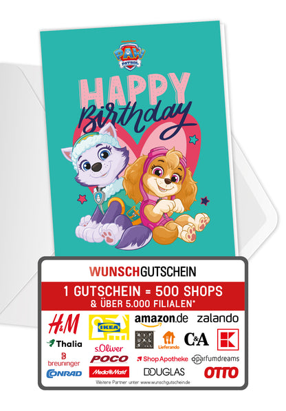 Wunschgutschein Paw Patrol - Happy Birthday - Türkis Herz PDF – Geschenkgutschein Ansicht 1