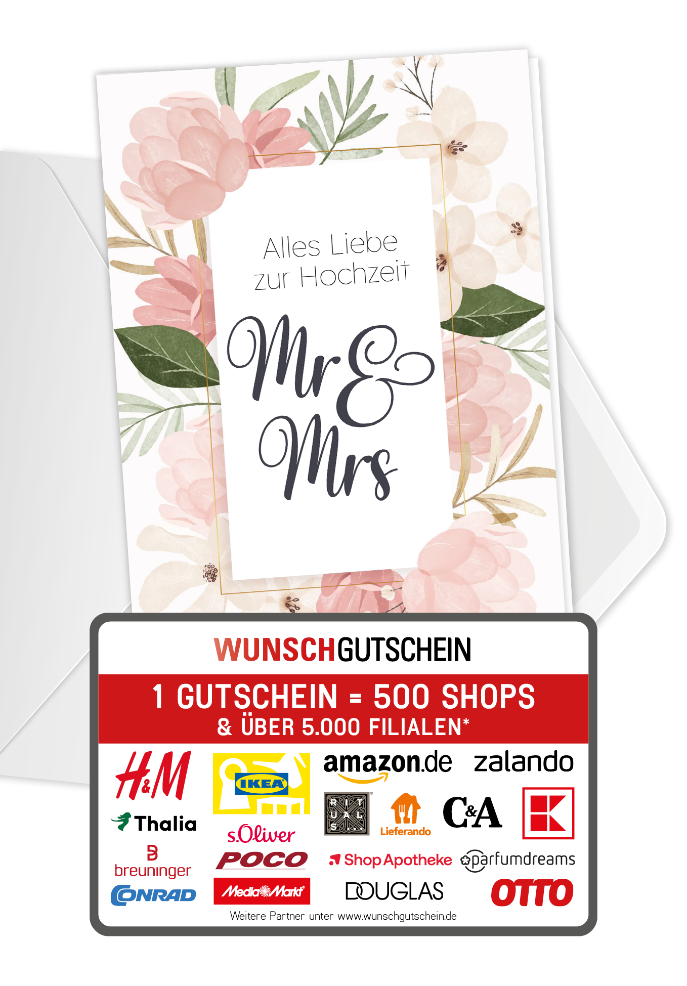 Wunschgutschein Alles Liebe zur Hochzeit Mr & Mrs - Blumen Rosa PDF – Geschenkgutschein Ansicht 1