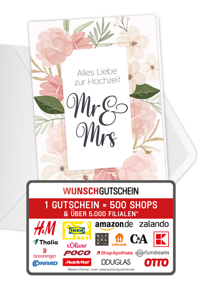 Wunschgutschein Alles Liebe zur Hochzeit Mr & Mrs - Blumen Rosa PDF – Geschenkgutschein Ansicht 1