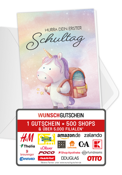 Wunschgutschein Hurra erster Schultag - Einhorn – Geschenkgutschein Ansicht 1