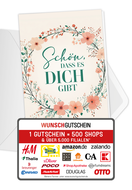 Wunschgutschein Schön dass es dich gibt - Blumenkranz PDF – Geschenkgutschein Ansicht 1