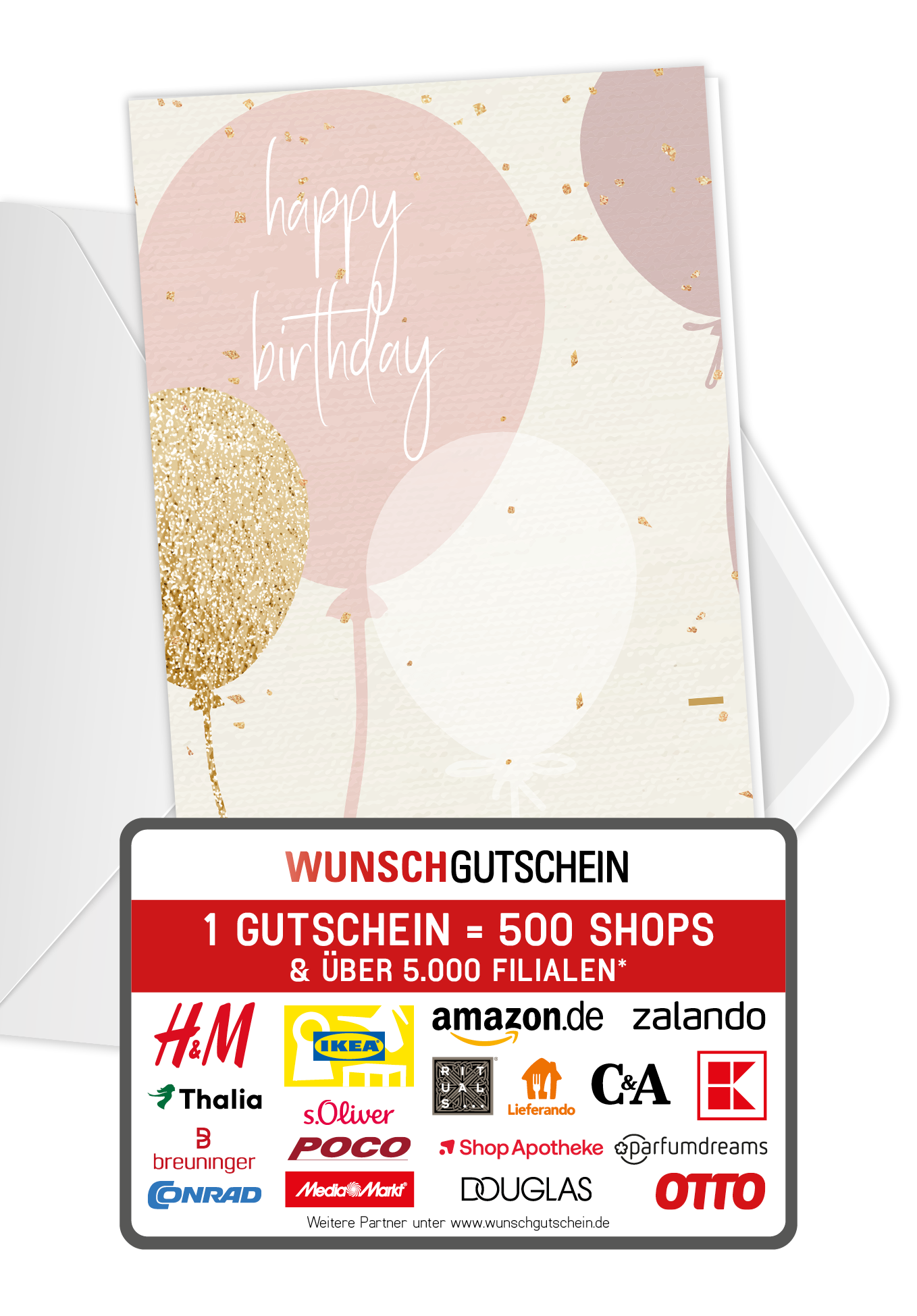 Wunschgutschein Happy Birthday - Ballons Rosa – Geschenkgutschein Ansicht 1