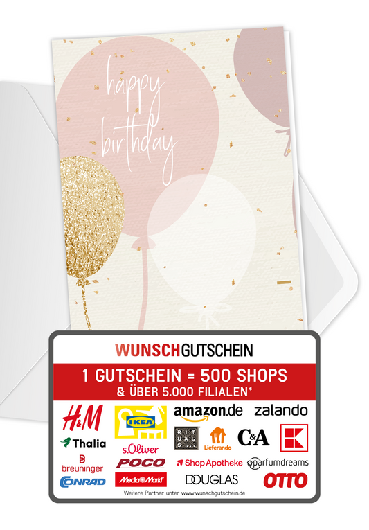 Wunschgutschein Happy Birthday - Ballons Rosa – Geschenkgutschein Ansicht 1