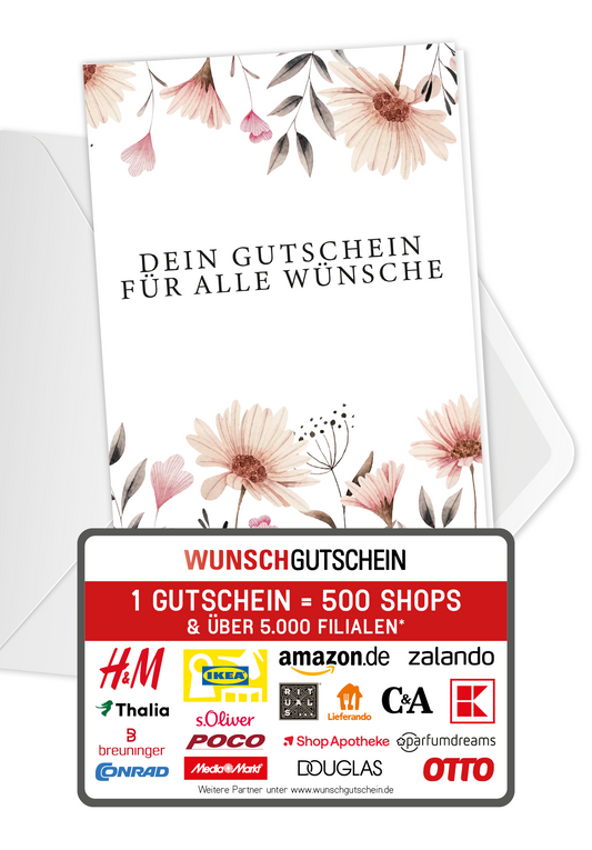 Wunschgutschein Für alle Wünsche - Blumen weiß – Geschenkgutschein Ansicht 1