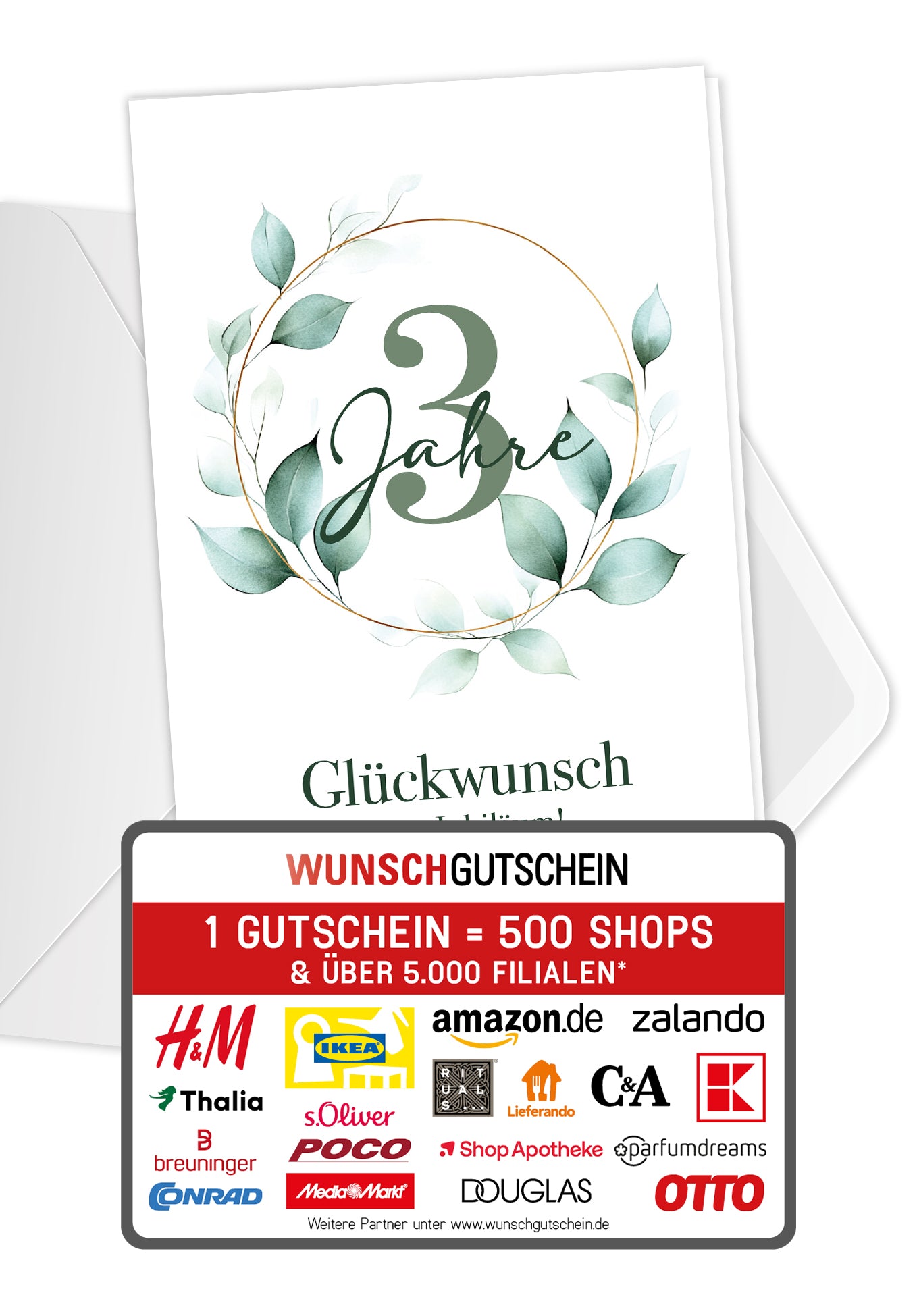 Wunschgutschein 3 Jahre - Blätterkranz – Geschenkgutschein Ansicht 1