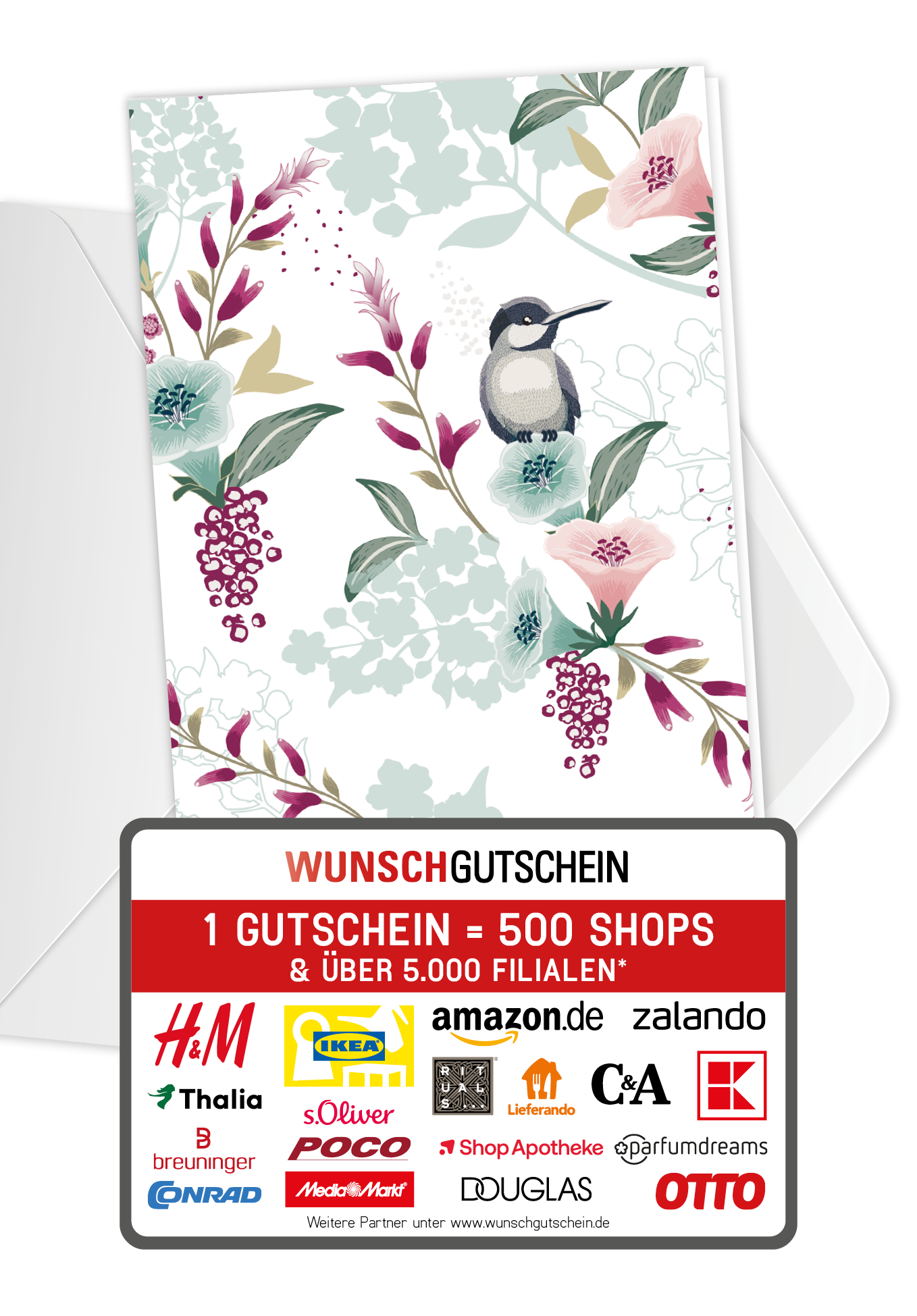 Wunschgutschein Vogel auf Blume – Geschenkgutschein Ansicht 1