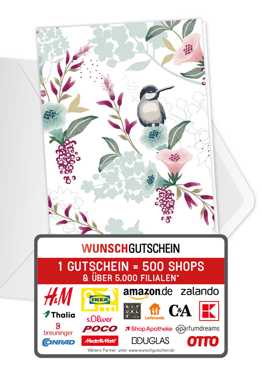 Wunschgutschein Vogel auf Blume – Geschenkgutschein Ansicht 1
