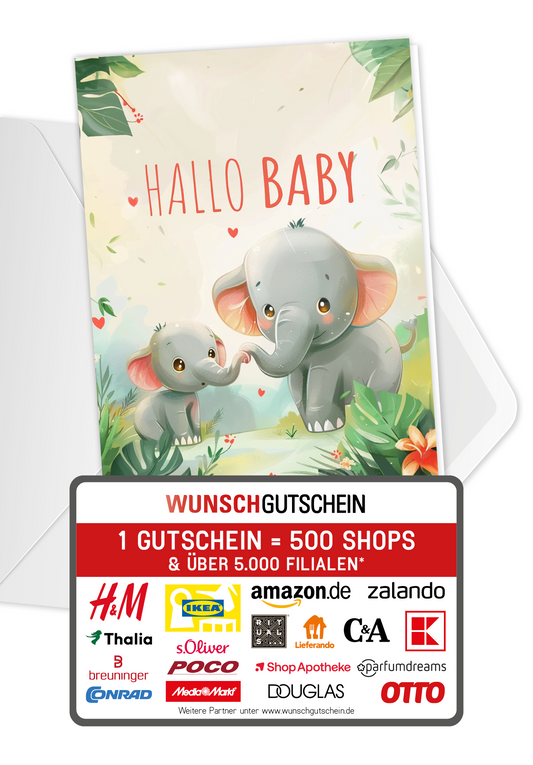 Wunschgutschein Hallo Baby - Elefanten – Geschenkgutschein Ansicht 1