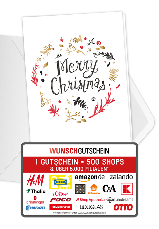 Wunschgutschein Merry Christmas - Kreis Weiß – Geschenkgutschein Ansicht 1