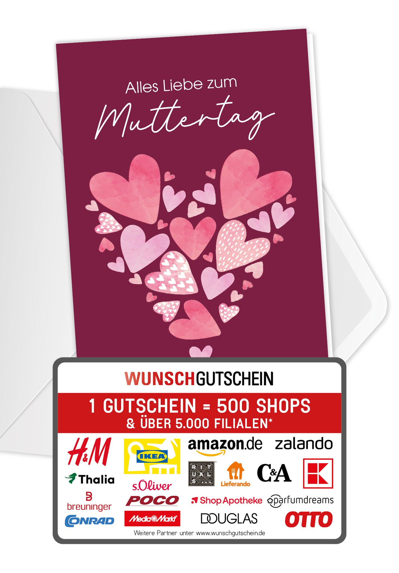 Wunschgutschein Alles Liebe zum Muttertag - Herzen Burgunderrot PDF – Geschenkgutschein Ansicht 1