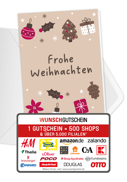 Wunschgutschein Frohe Weihnachten - Ornamente Beige PDF – Geschenkgutschein Ansicht 1