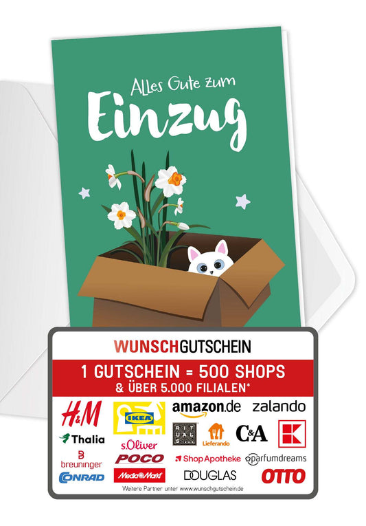 Wunschgutschein Alles Gute zum Einzug - Katze und Blume PDF – Geschenkgutschein Ansicht 1