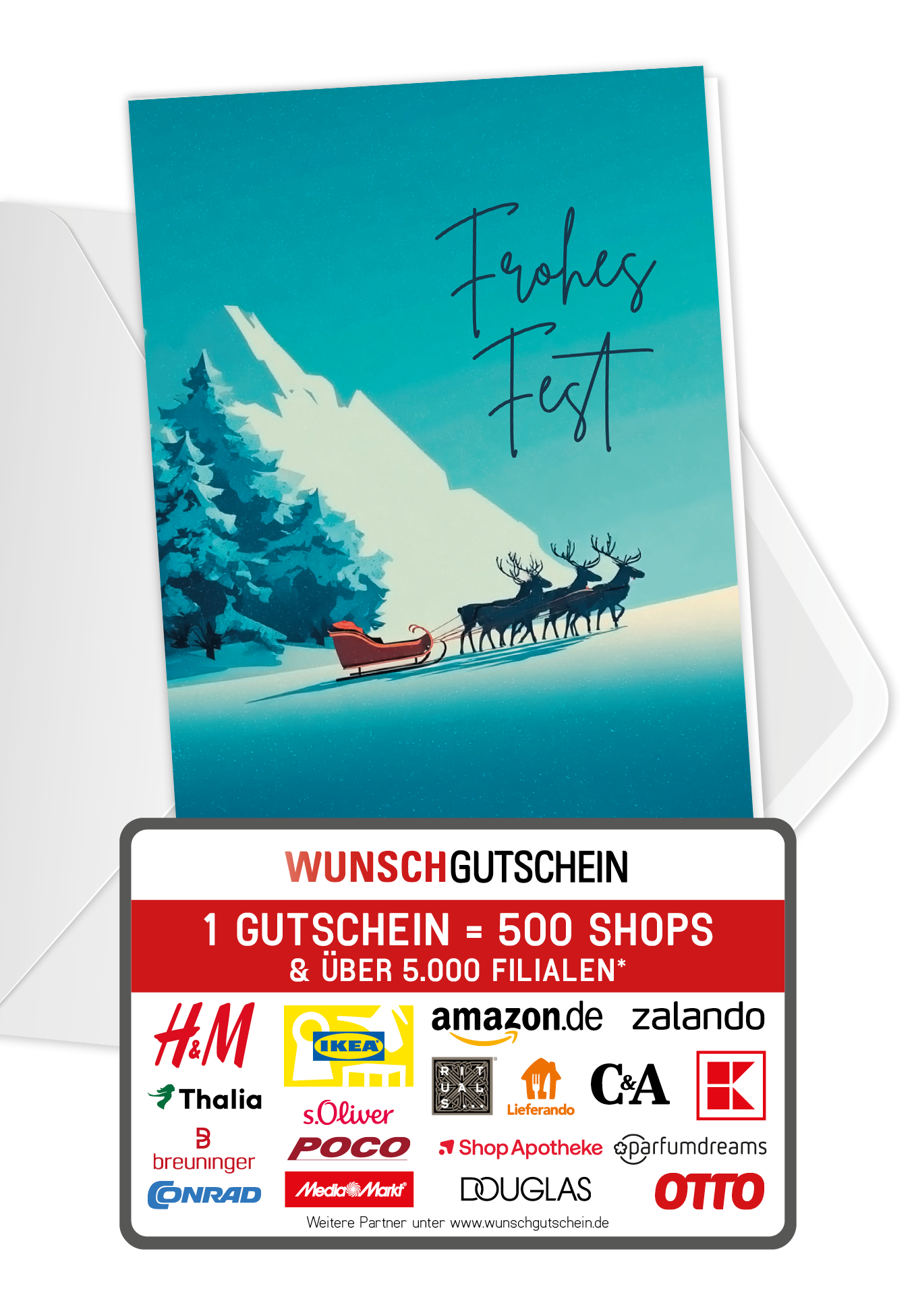 Wunschgutschein Frohes Fest - Schlitten Berge – Geschenkgutschein Ansicht 1