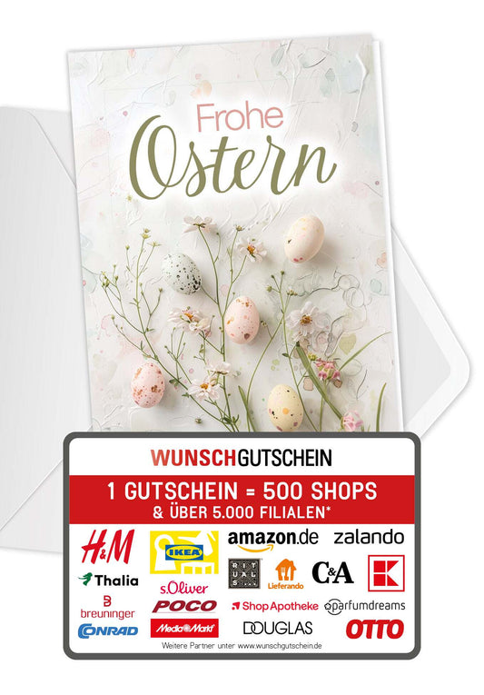Wunschgutschein Frohe Ostern - Eier und Blumen Pastel – Geschenkgutschein Ansicht 1