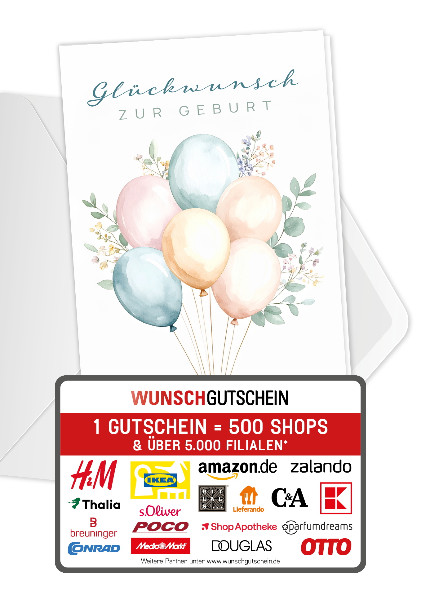 Wunschgutschein Glückwunsch zur Geburt - Ballons PDF – Geschenkgutschein Ansicht 1