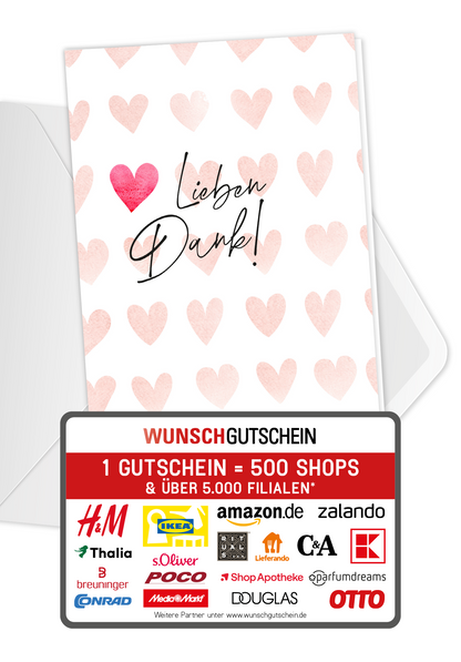 Wunschgutschein Lieben Dank - Herzen Aquarell – Geschenkgutschein Ansicht 1