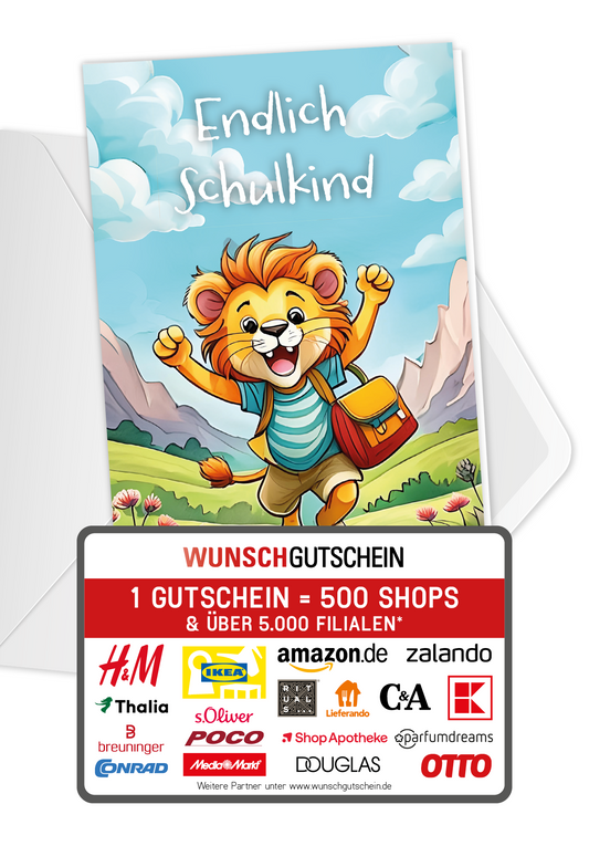 Wunschgutschein Endlich Schulkind - Löwe – Geschenkgutschein Ansicht 1