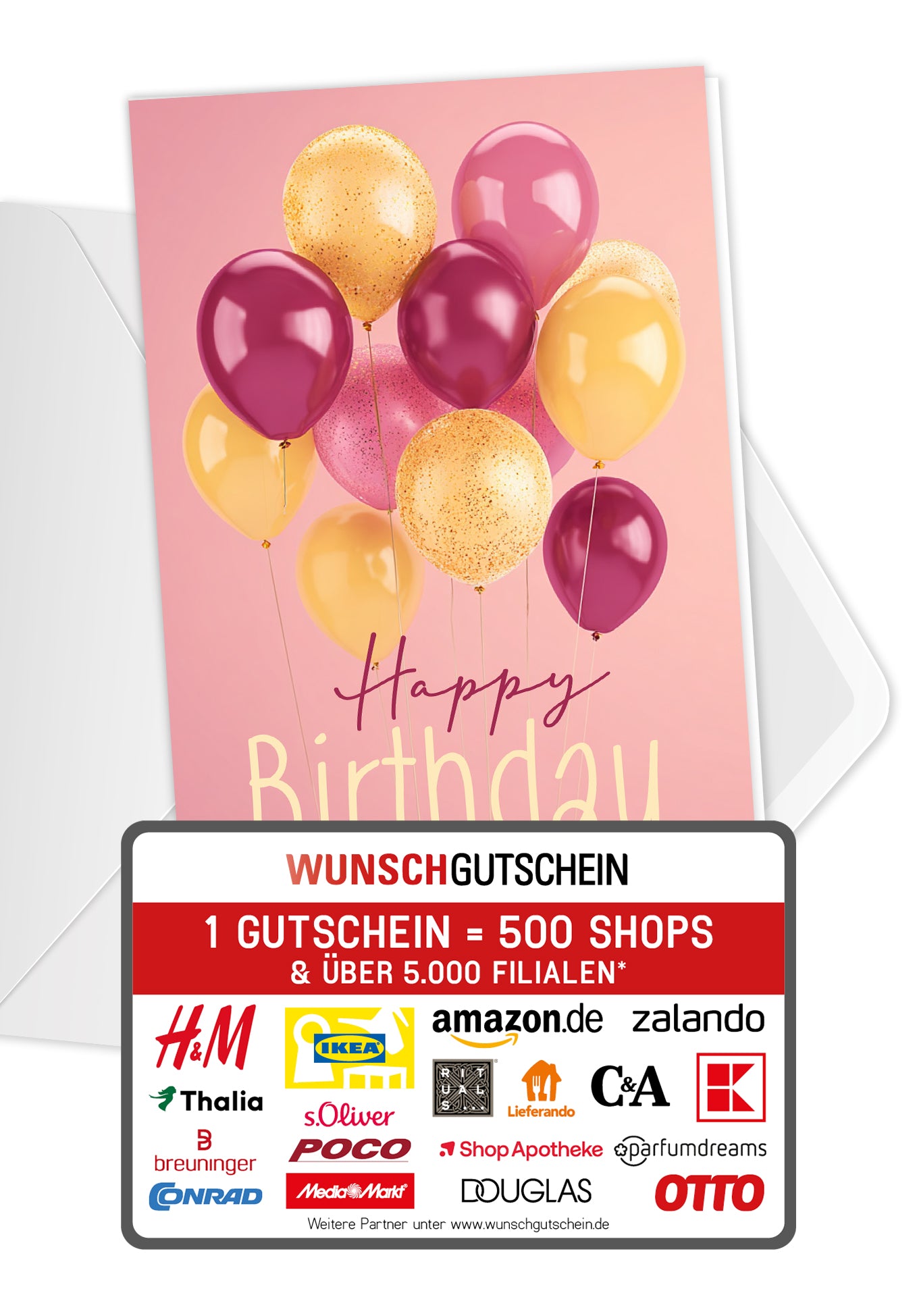 Wunschgutschein Happy Birthday - Ballons Pink Gelb – Geschenkgutschein Ansicht 1