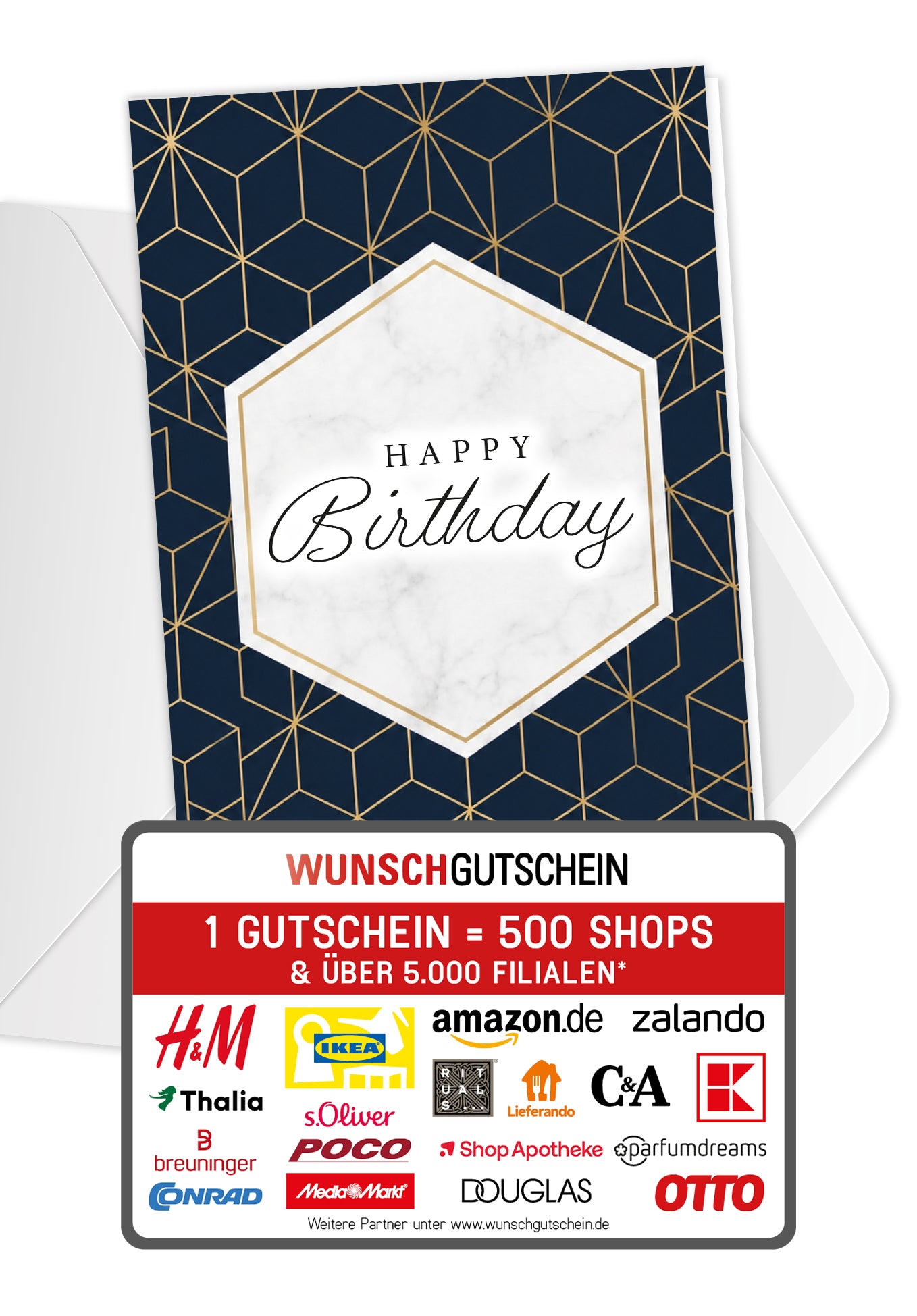 Wunschgutschein Happy Birthday - Muster Blau Gold PDF – Geschenkgutschein Ansicht 1