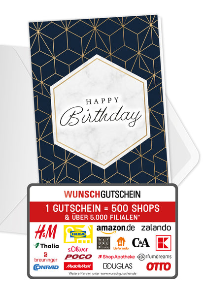 Wunschgutschein Happy Birthday - Muster Blau Gold PDF – Geschenkgutschein Ansicht 1