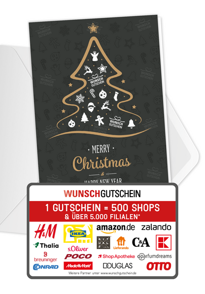 Wunschgutschein Merry Christmas - Weihnachtsbaum PDF – Geschenkgutschein Ansicht 1