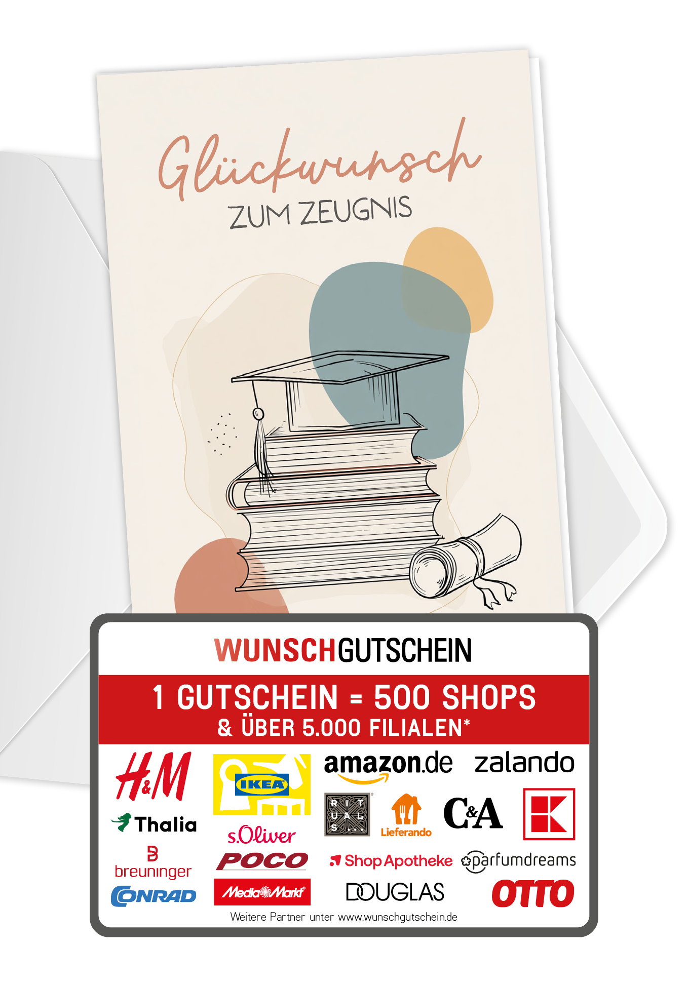 Wunschgutschein Glückwunsch Zeugnis - Bücher und Hut – Geschenkgutschein Ansicht 1