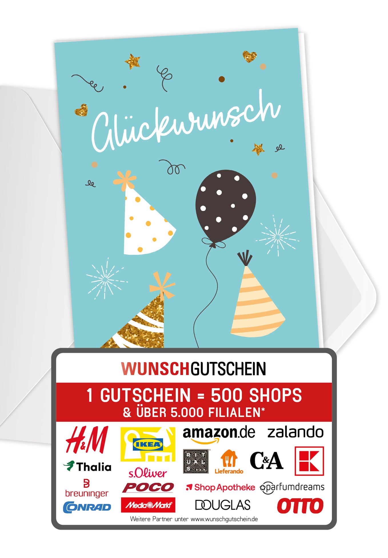 Wunschgutschein Glückwunsch - Ballons und Hüte Blau – Geschenkgutschein Ansicht 1