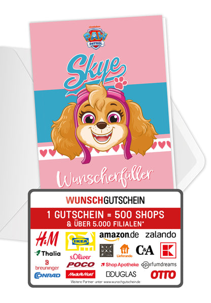 Wunschgutschein Paw Patrol - Wunscherfüller - Skye Blau Pink PDF – Geschenkgutschein Ansicht 1